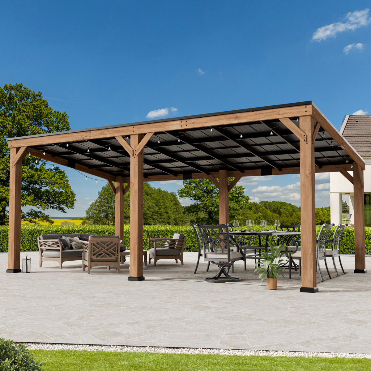 download (43) Maple Cedar Wood Patio Gazebo With Slope Hard Top Galvanized Steel Roof Pavilion,Using Storage, Party Chat And Grill ELEVATE OUTDOORS Size: 20' x 12 - Image 1
